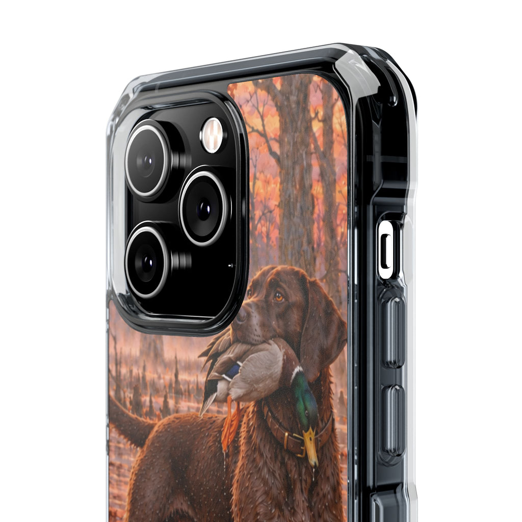 Clear Magnetic Phone Case — Chocolate Lab with Duck swamp