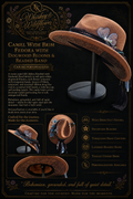A promotional product graphic for a custom-made wide-brim felt Fedora hat. The main product is shown in a camel brown color with a black beaded band, turquoise bead center, and a purple flower embellishment, displayed on a black stand.