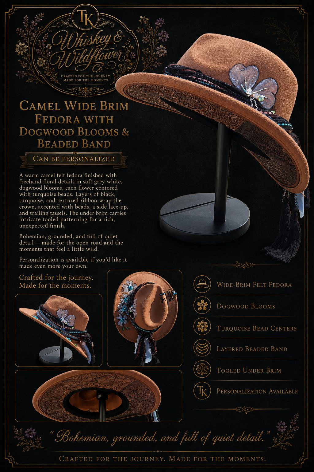 A promotional product graphic for a custom-made wide-brim felt Fedora hat. The main product is shown in a camel brown color with a black beaded band, turquoise bead center, and a purple flower embellishment, displayed on a black stand.