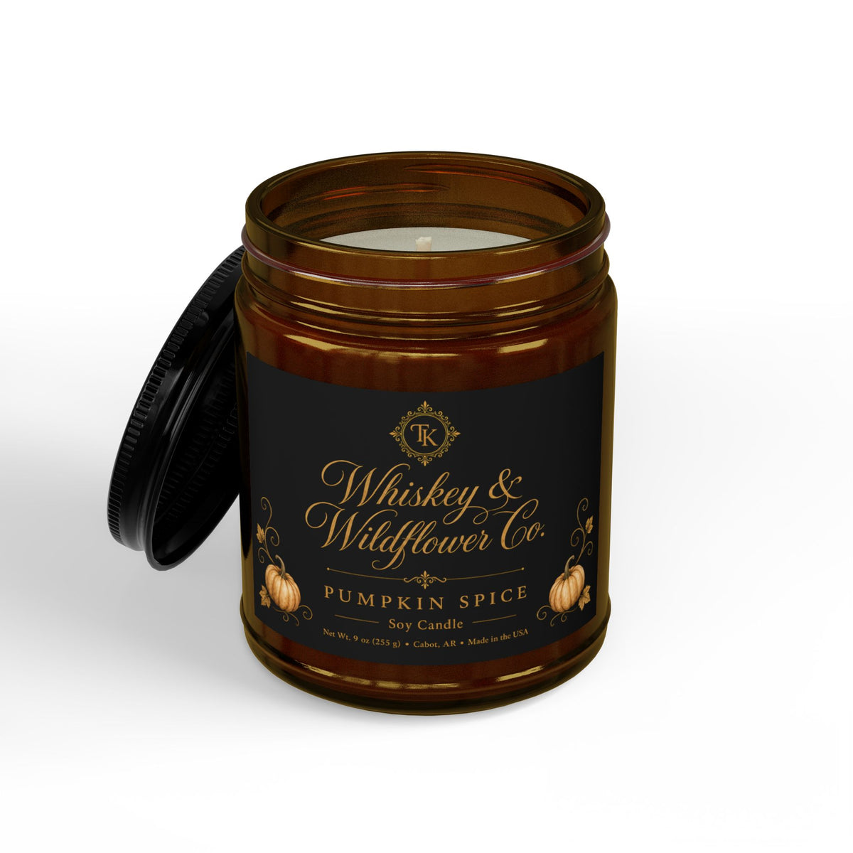 Pumpkin Spice Soy Candle — Whiskey & Wildflower Co. Amber Jar (9 oz)