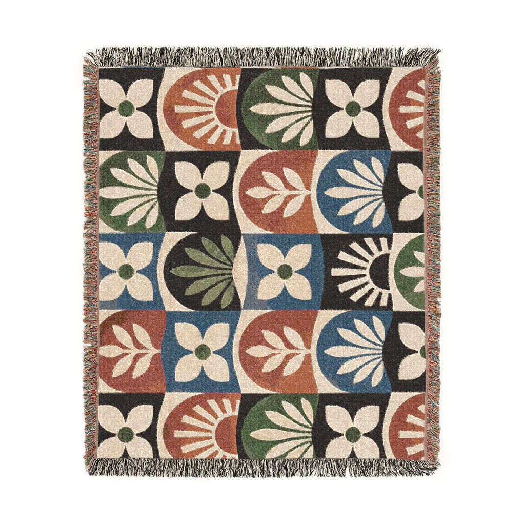 Boho Geometric Woven Blanket — Retro Floral Tile Throw