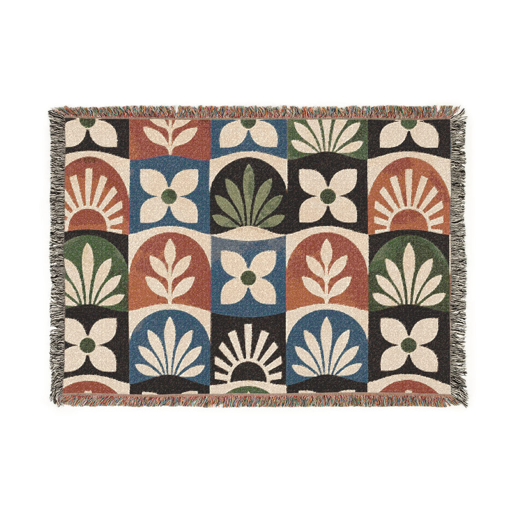 Boho Geometric Woven Blanket — Retro Floral Tile Throw