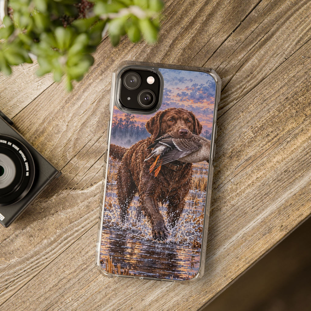 Clear Magnetic Phone Case — Chocolate Lab with Duck in swamp