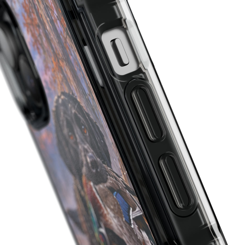 Clear Magnetic Phone Case — Black Lab with Duck swamp