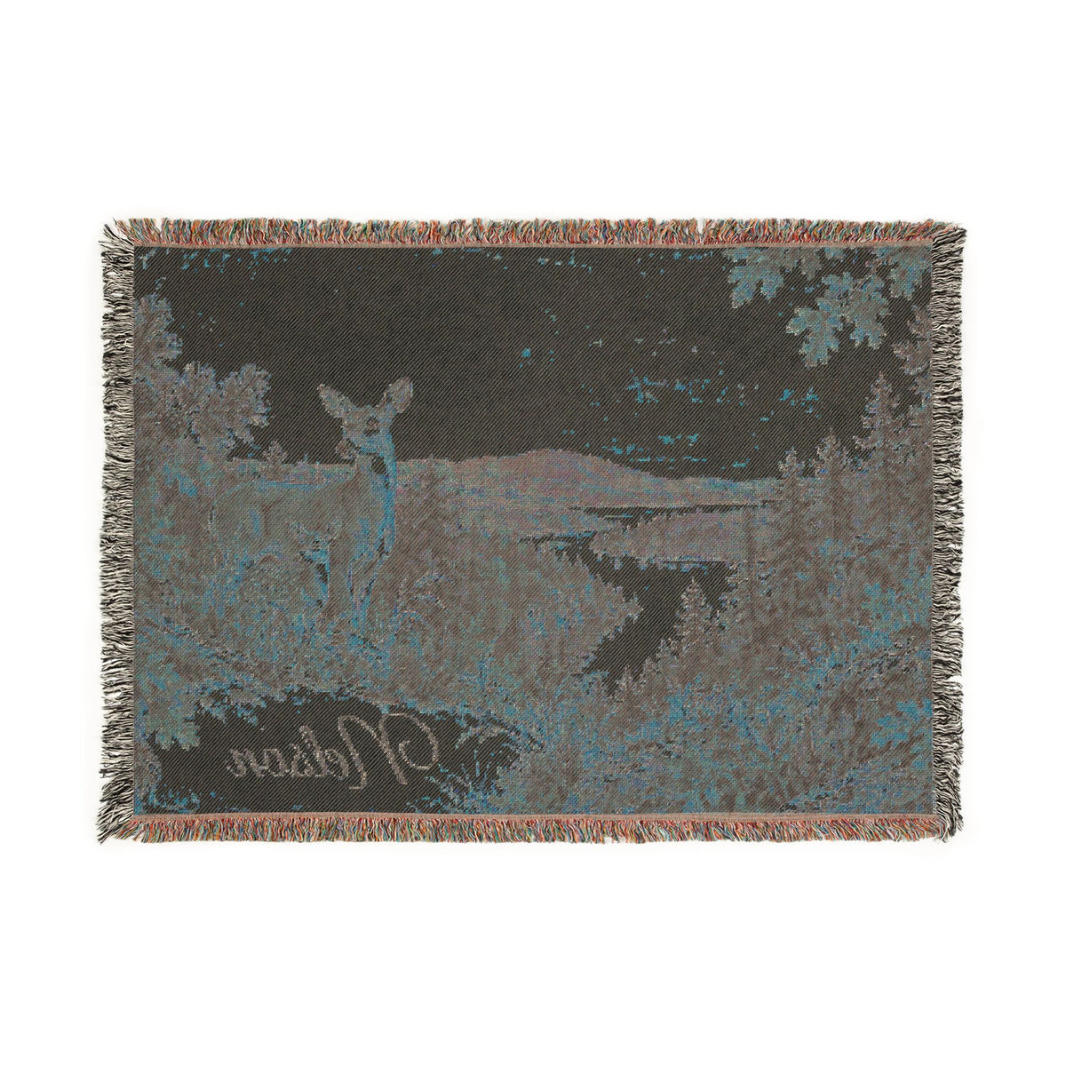 Deer Lake Woven Blanket — Scenic Woodland Throw with 'Welcome' Embroidery