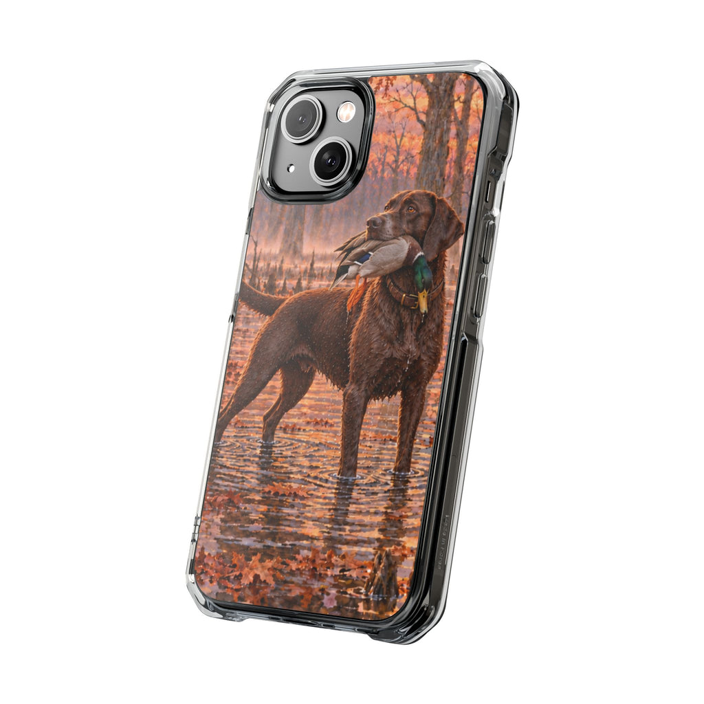 Clear Magnetic Phone Case — Chocolate Lab with Duck swamp