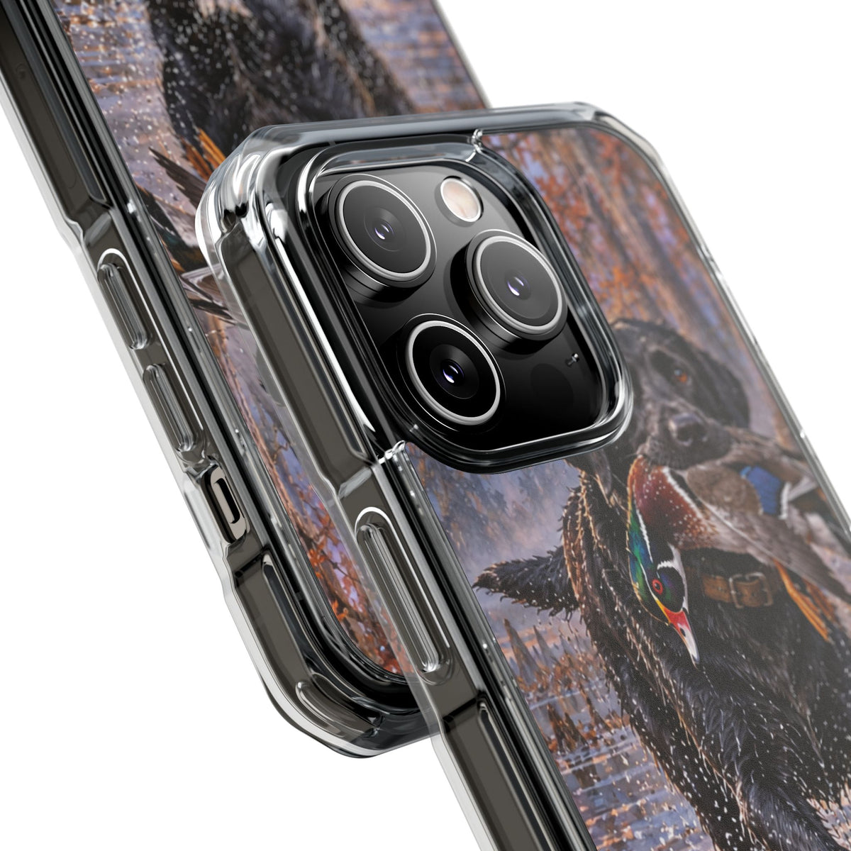 Clear Magnetic Phone Case — Black Lab with Duck swamp