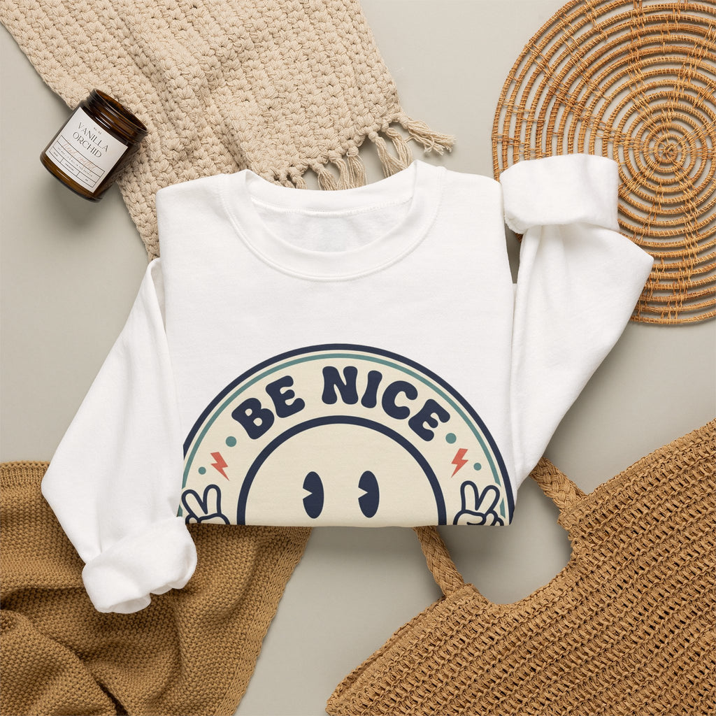 Be Nice You Jerk Smile Patch Crewneck Sweatshirt | Slogan Graphic, Retro Badge