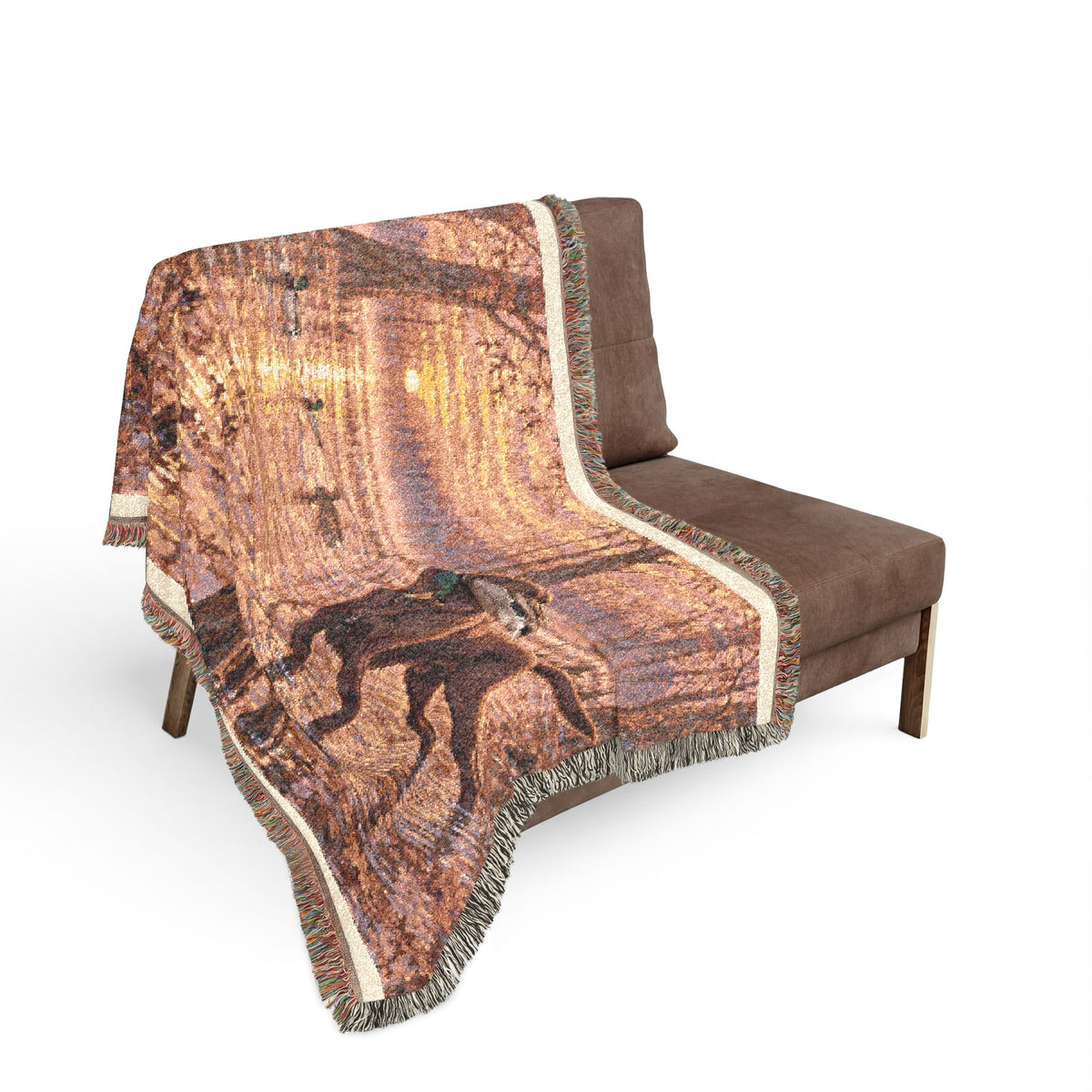 Sunset Wetlands Woven Blanket — Chocolate Lab with Duck Marsh Landscape Throw