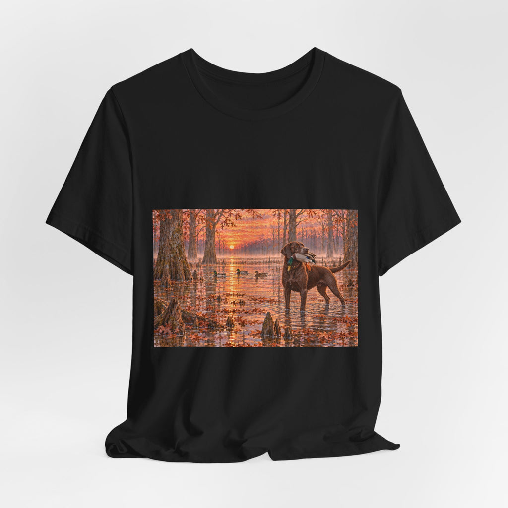 Sunset Bay Retriever T-Shirt — Dog Lover Sunset Woodland Tee