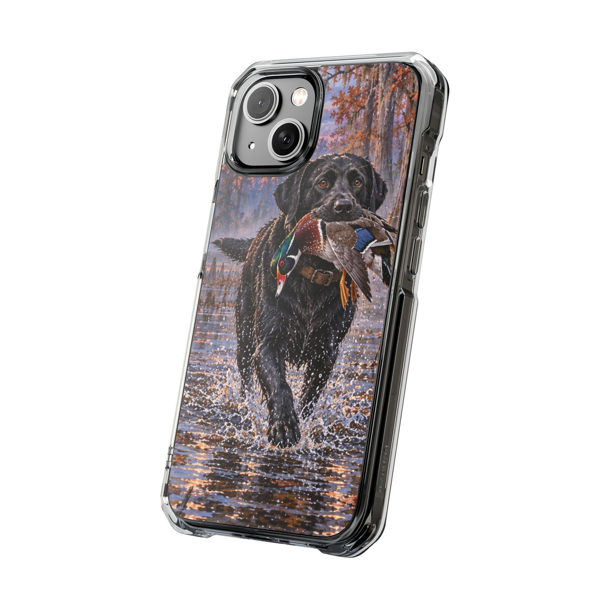 Clear Magnetic Phone Case — Black Lab with Duck swamp