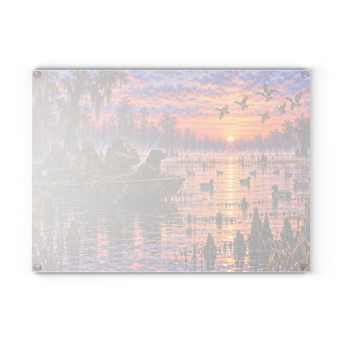 Glass Cutting Board — Sunrise Duck Hunt Scene | Rustic Wildlife Kitchen Decor