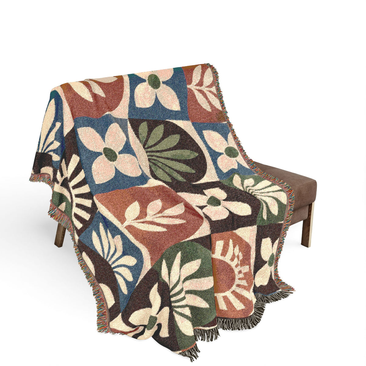 Boho Geometric Woven Blanket — Retro Floral Tile Throw