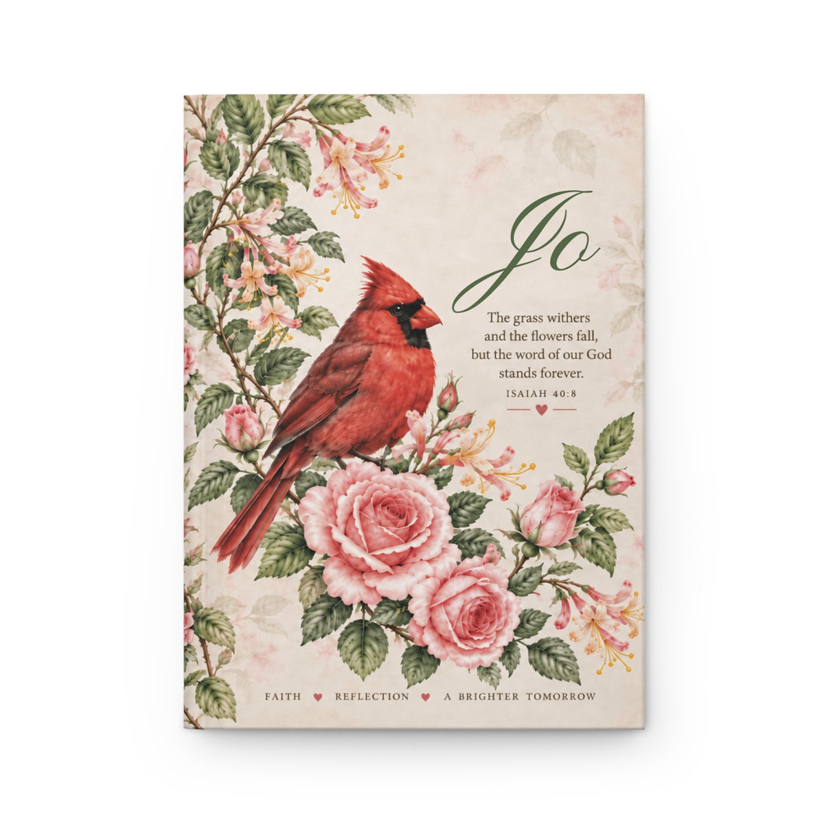 Personalized Cardinal Journal, Pink Rose Floral Notebook, Christian Prayer Journal, Isaiah 40:8, Custom Name Gift for Her
