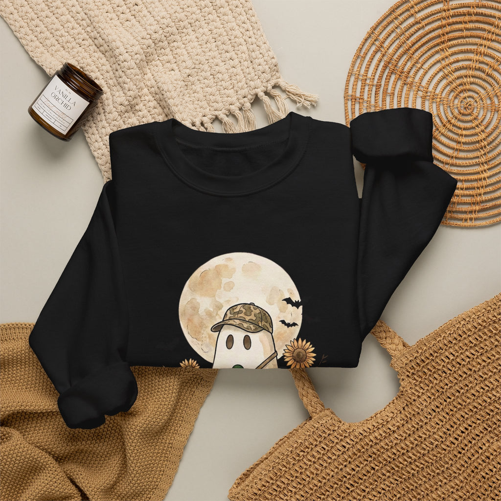 Ghost Hunter Illustration Sweatshirt | Spooky Hunting, Autumn Pumpkin Moon