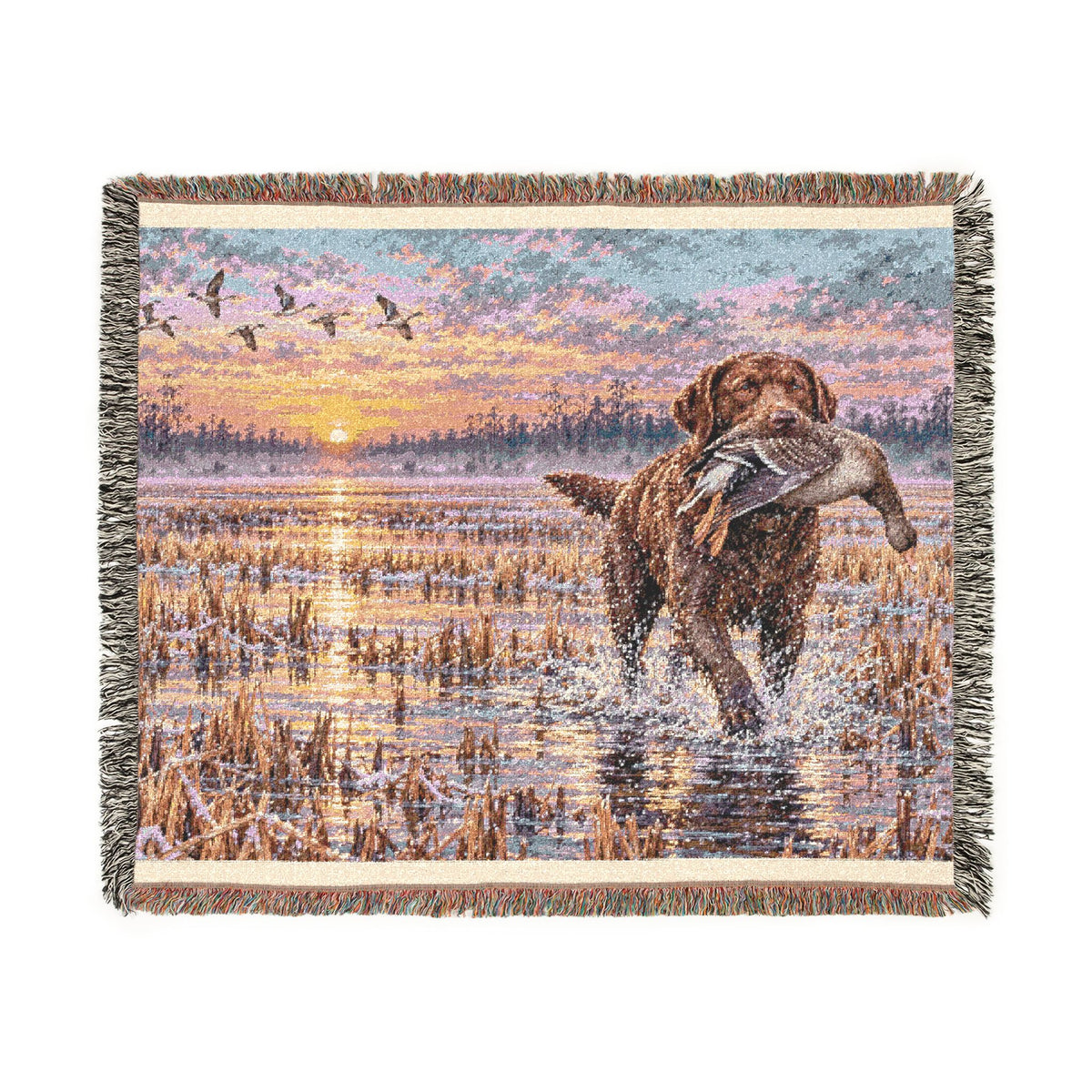 River Scenic Woven Blanket — Rustic Lake Bird Dog Pointer Landscape Throw