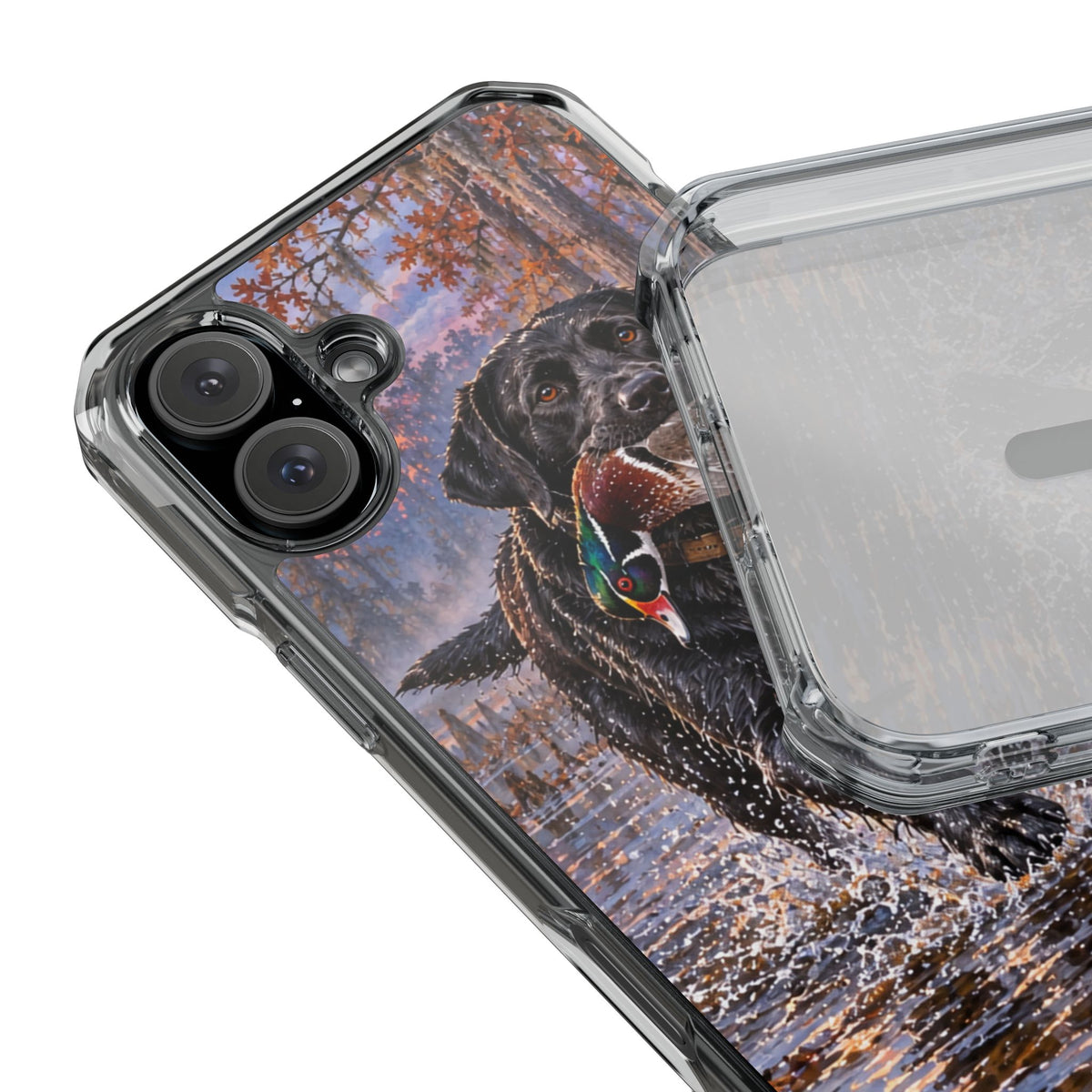 Clear Magnetic Phone Case — Black Lab with Duck swamp