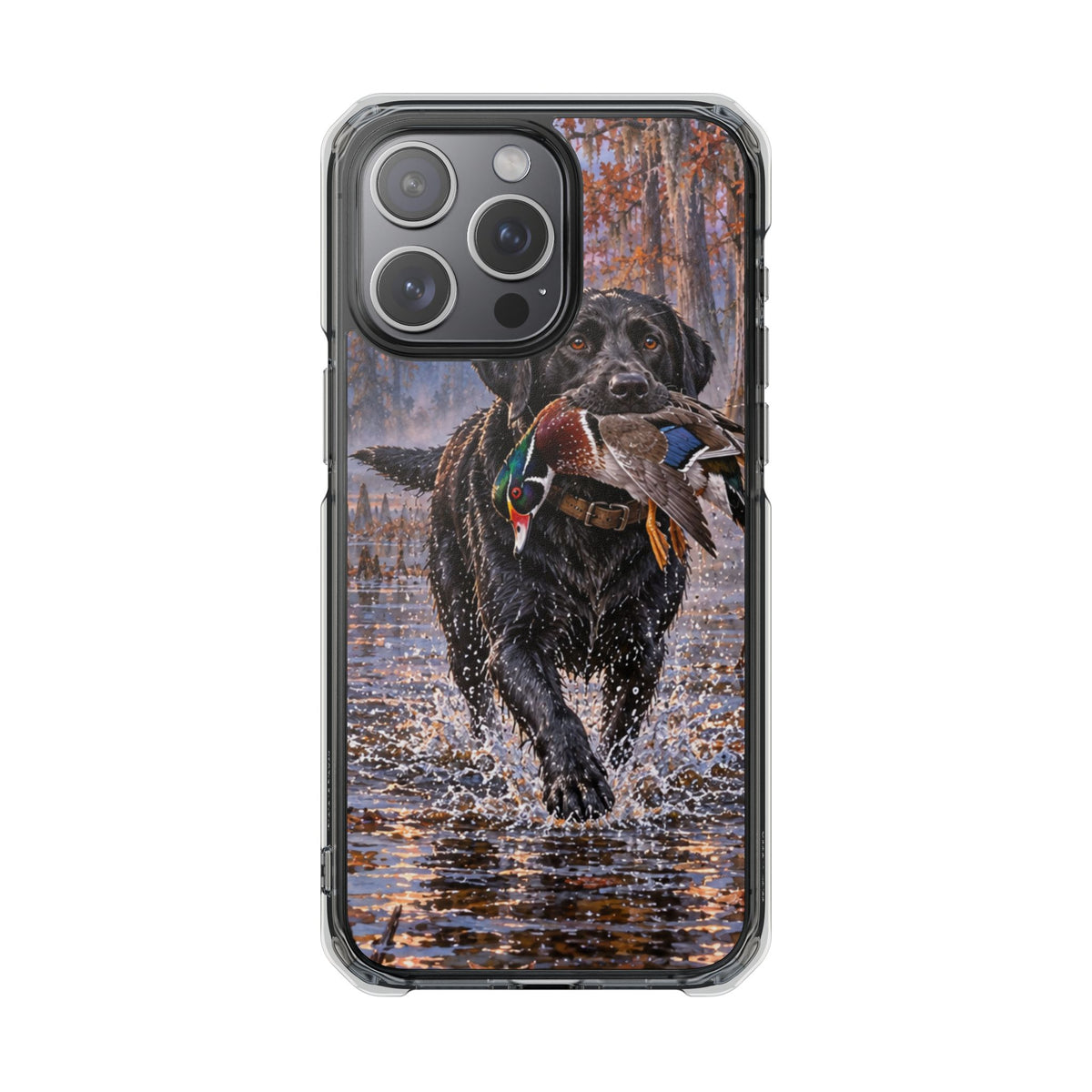 Clear Magnetic Phone Case — Black Lab with Duck swamp