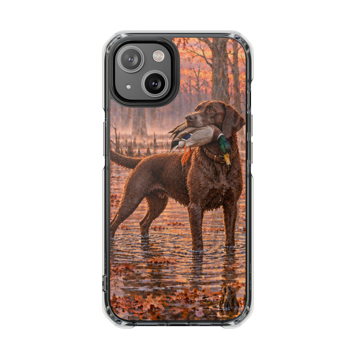 Clear Magnetic Phone Case — Chocolate Lab with Duck swamp