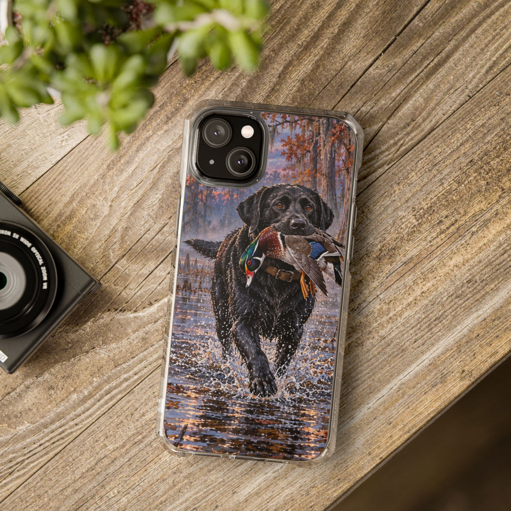 Clear Magnetic Phone Case — Black Lab with Duck swamp