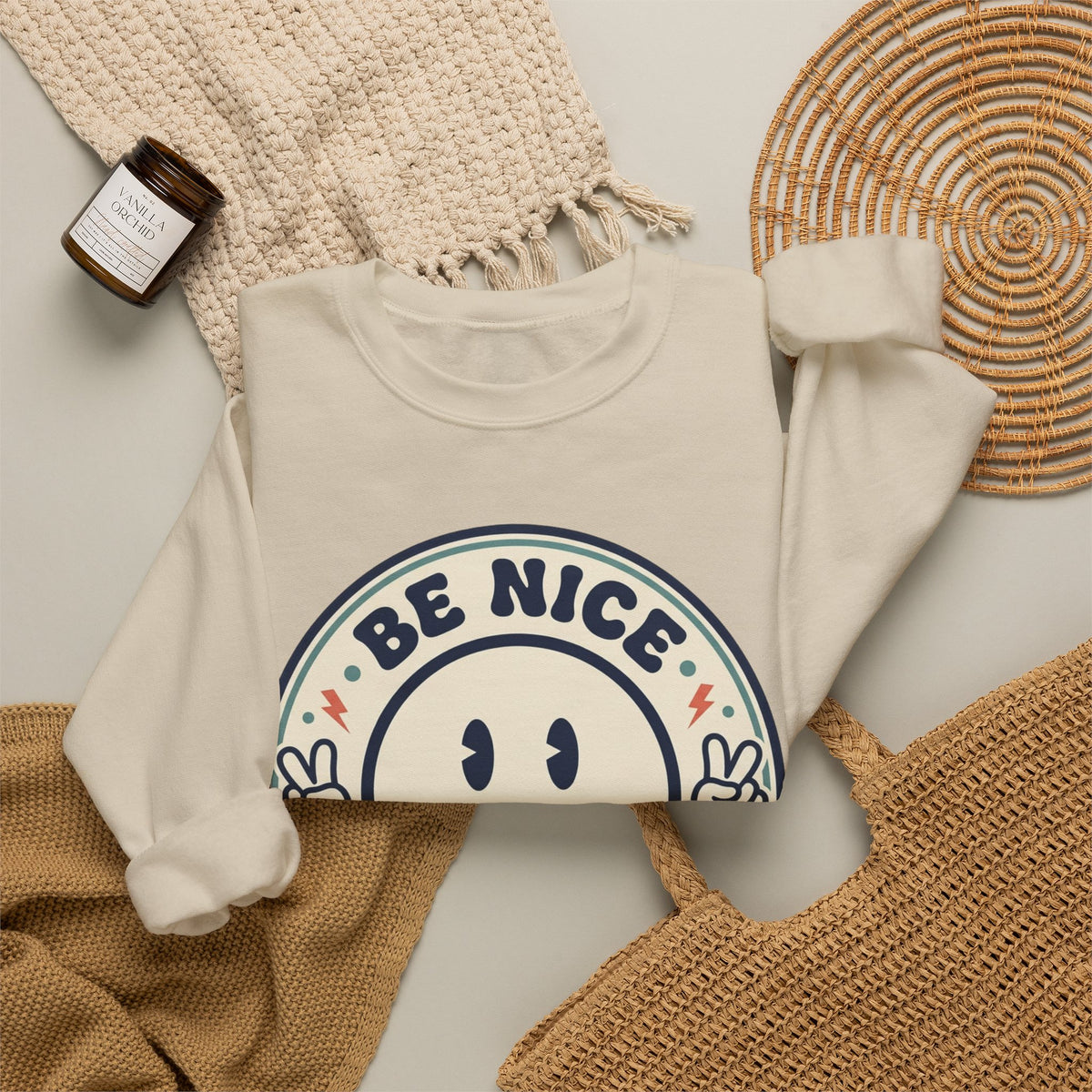 Be Nice You Jerk Smile Patch Crewneck Sweatshirt | Slogan Graphic, Retro Badge