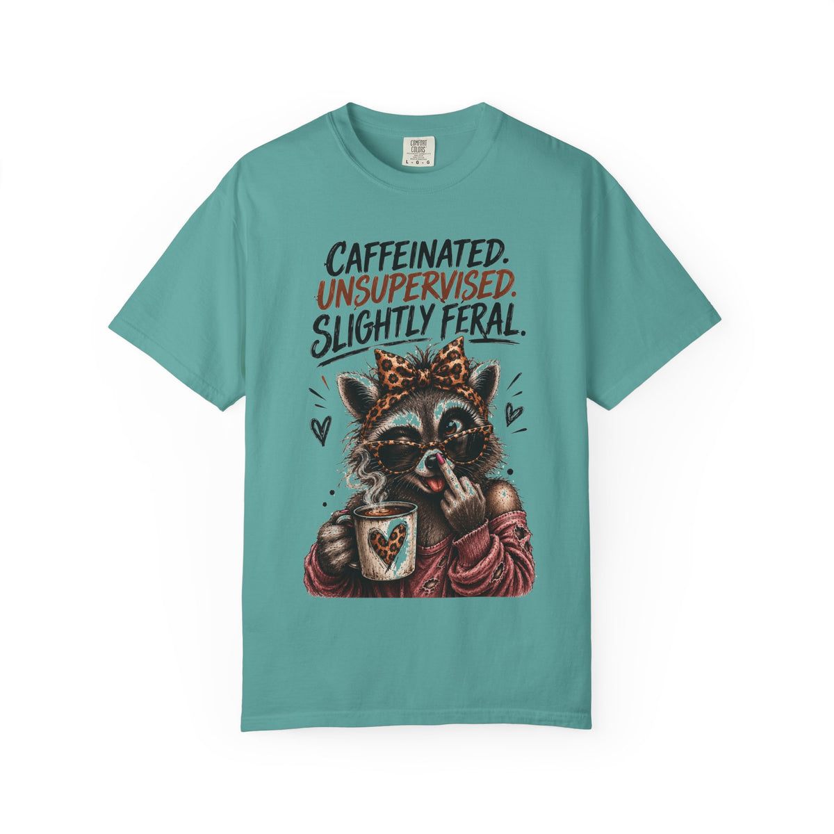 Caffeinated Slightly Feral Raccoon T-Shirt | Funny Coffee Graphic Tee