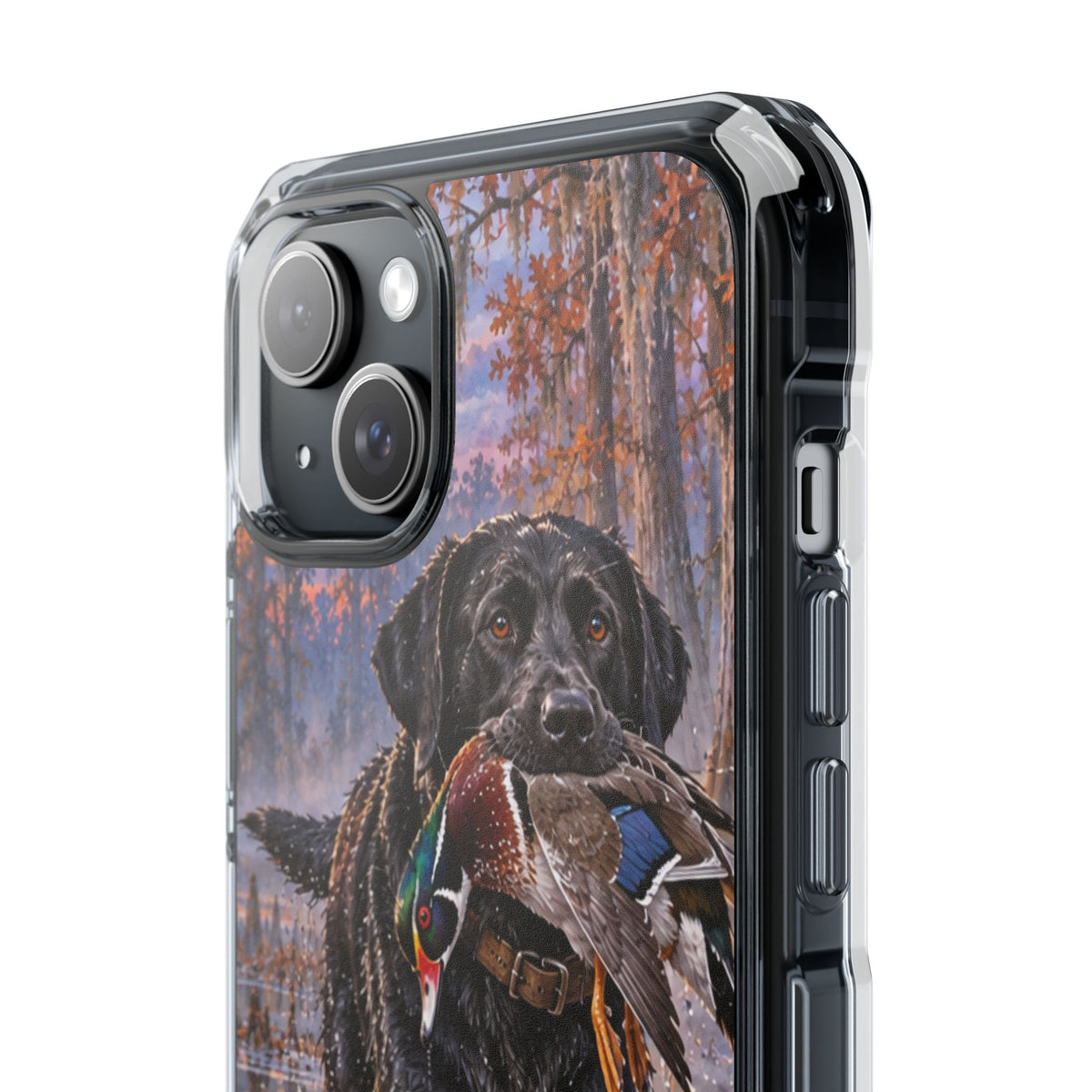 Clear Magnetic Phone Case — Black Lab with Duck swamp