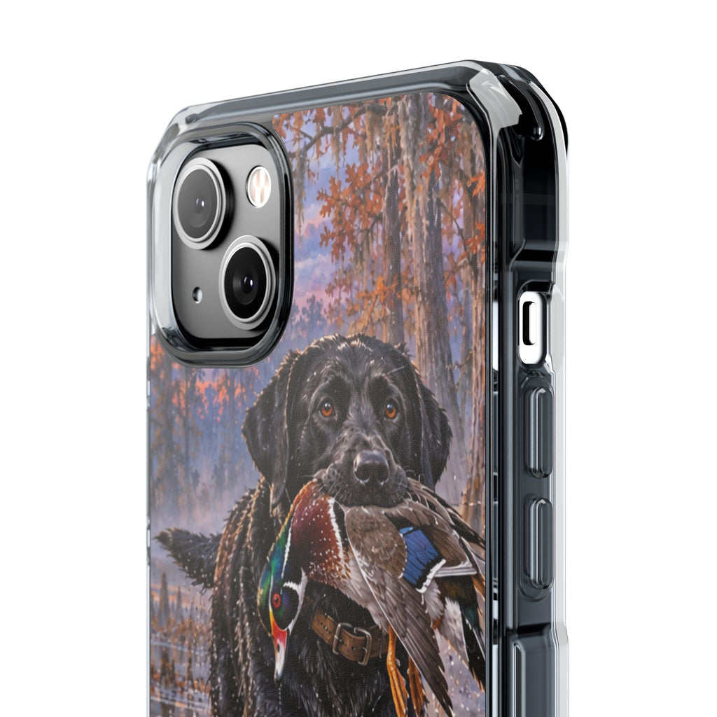 Clear Magnetic Phone Case — Black Lab with Duck swamp