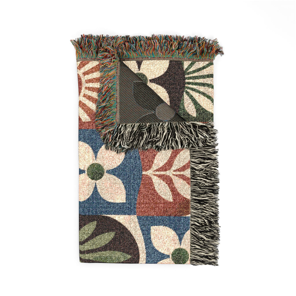 Boho Geometric Woven Blanket — Retro Floral Tile Throw