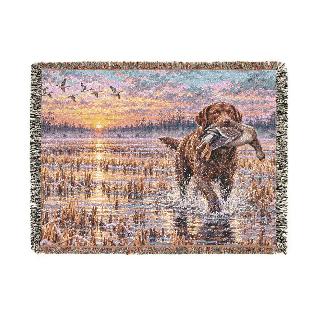 River Scenic Woven Blanket — Rustic Lake Bird Dog Pointer Landscape Throw
