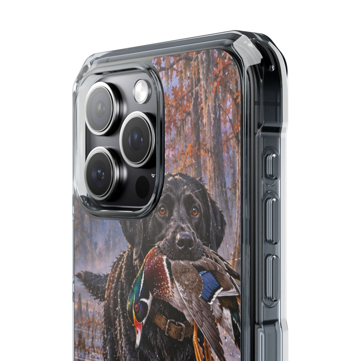 Clear Magnetic Phone Case — Black Lab with Duck swamp