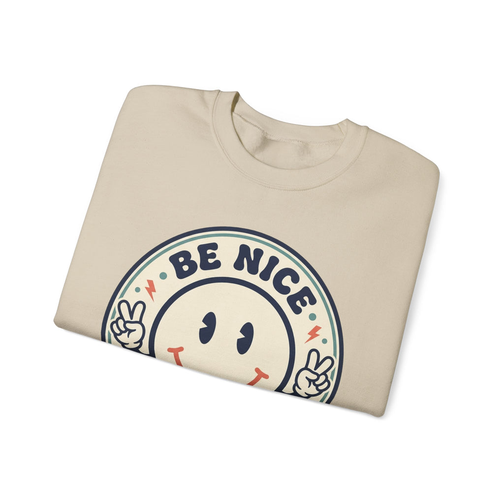 Be Nice You Jerk Smile Patch Crewneck Sweatshirt | Slogan Graphic, Retro Badge