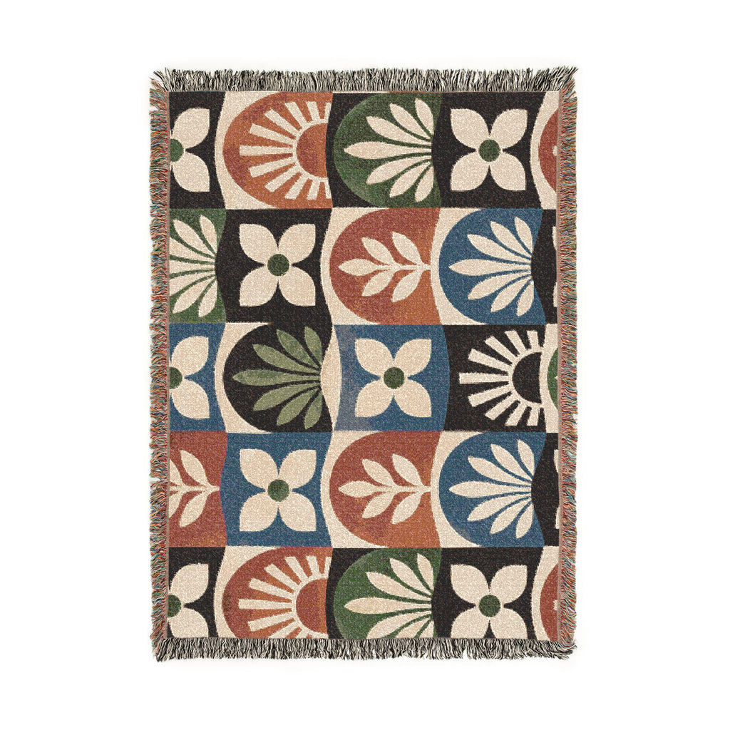 Boho Geometric Woven Blanket — Retro Floral Tile Throw