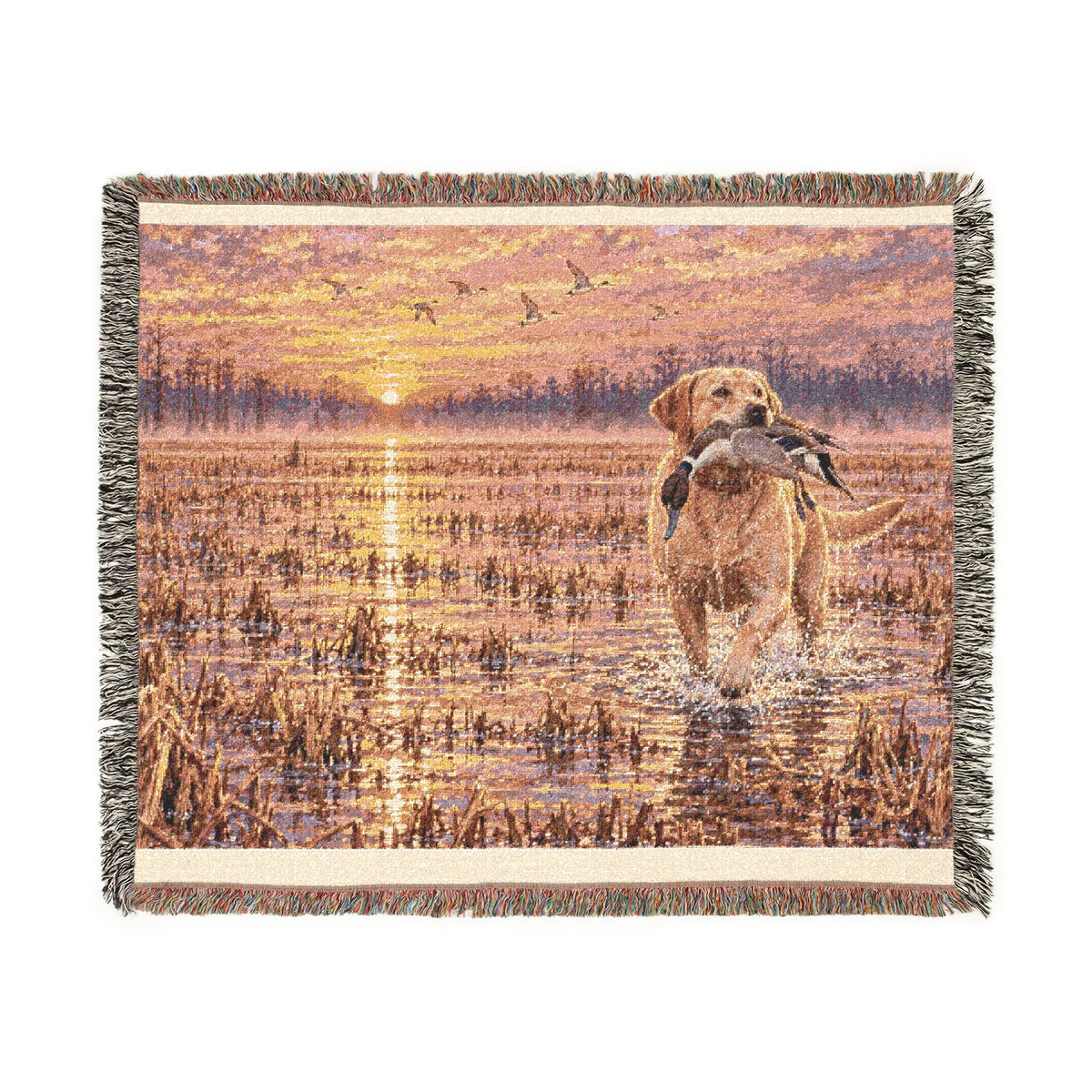 Duck Marsh Woven Blanket — Scenic Woodland Duck Hunting Throw with Lab