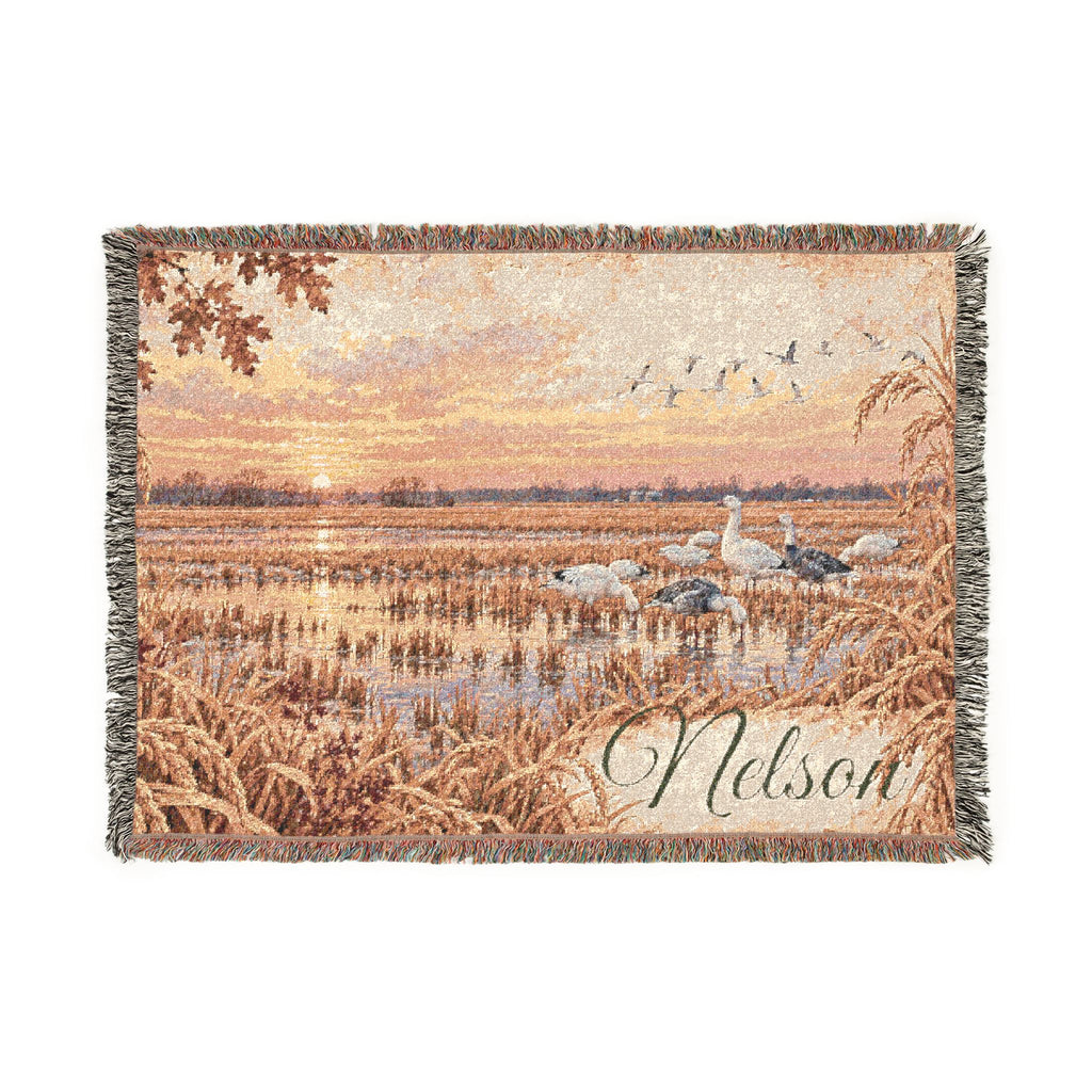 Sunset Marsh Woven Blanket — Rustic Lakeside Tapestry Throw