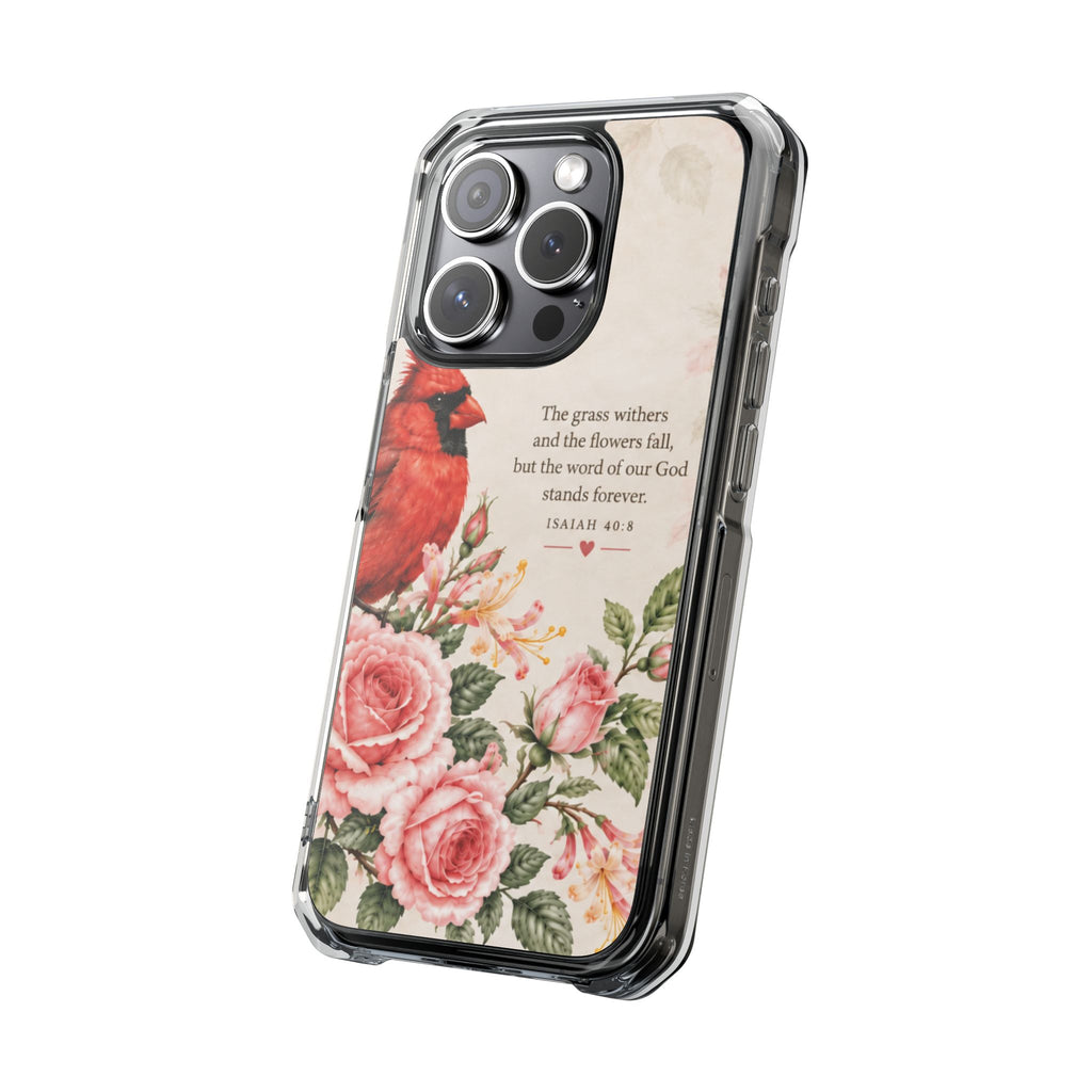 Clear Magnetic Phone Case — Cardinal Scene Isiah 40:8