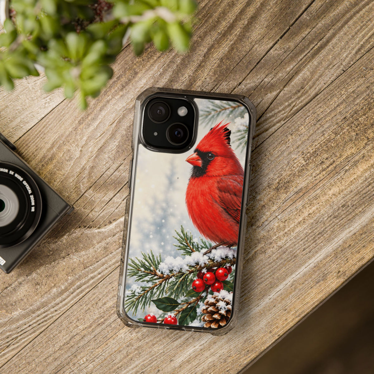 Clear Magnetic Phone Case — Winter Cardinal Scene