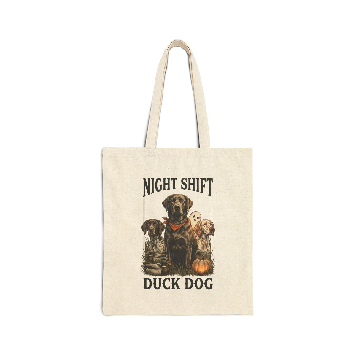 Night Shift Duck Dog Tote, Spooky Hunting Pumpkin Ghost Canvas