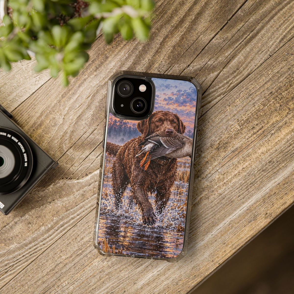 Clear Magnetic Phone Case — Chocolate Lab with Duck in swamp