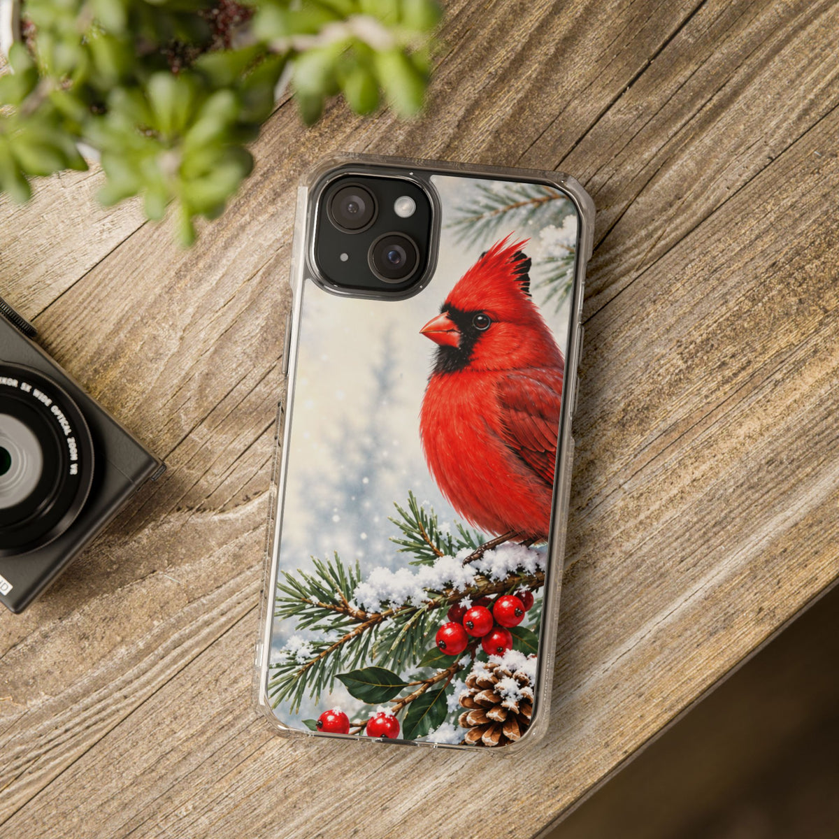 Clear Magnetic Phone Case — Winter Cardinal Scene
