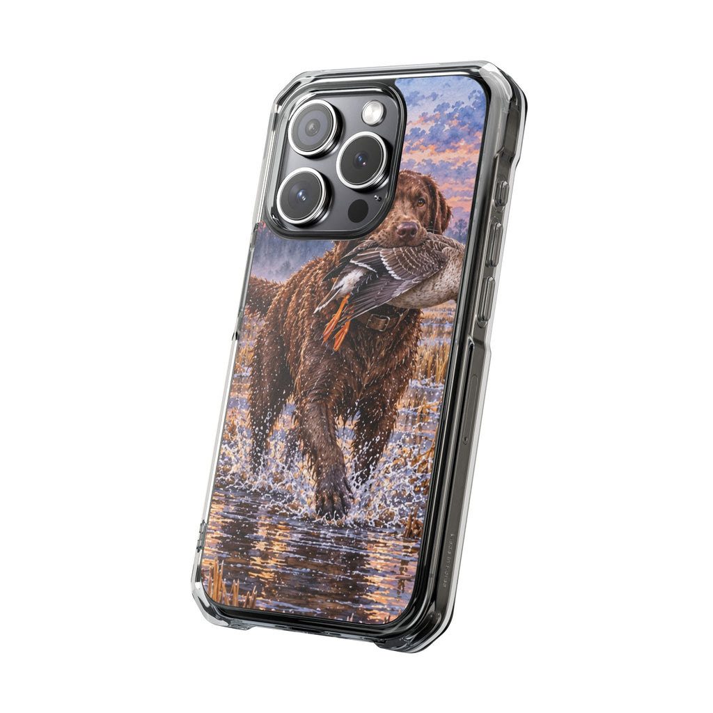 Clear Magnetic Phone Case — Chocolate Lab with Duck in swamp
