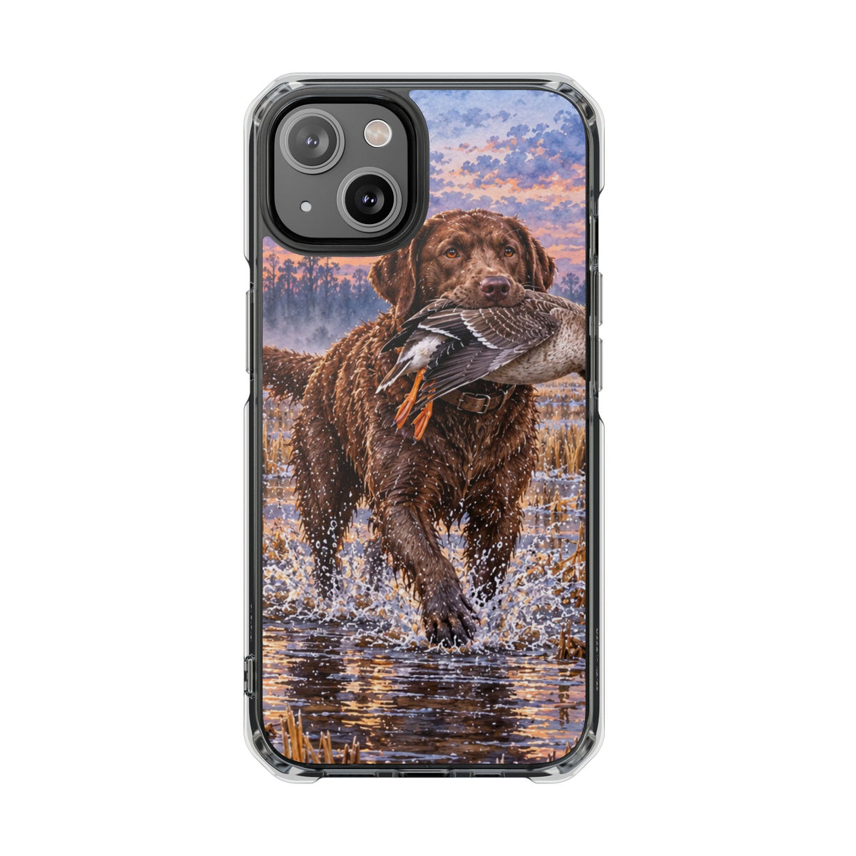 Clear Magnetic Phone Case — Chocolate Lab with Duck in swamp