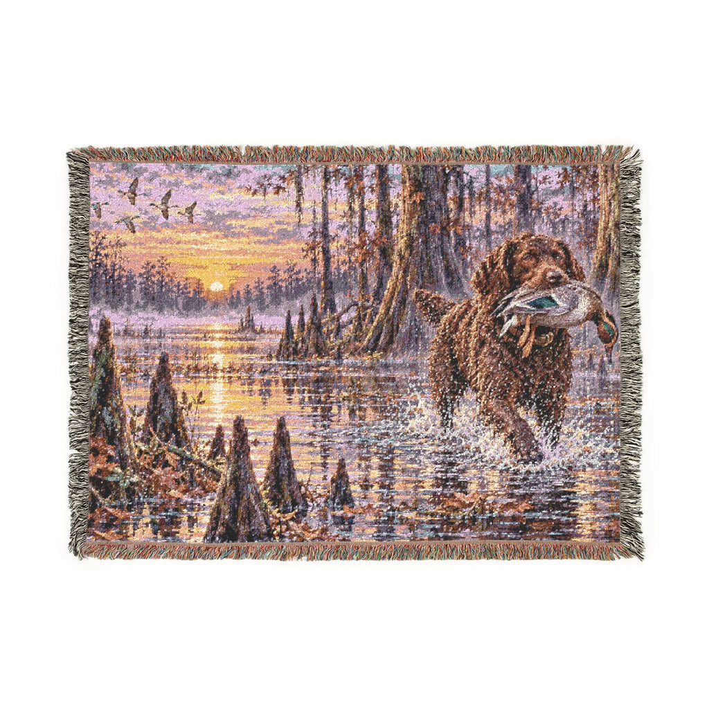 Mohican River Scenic Woven Blanket — Rustic Lake Boykin spaniel Landscape Throw