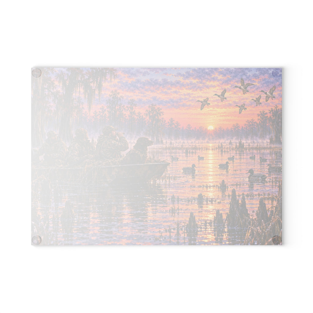 Glass Cutting Board — Sunrise Duck Hunt Scene | Rustic Wildlife Kitchen Decor