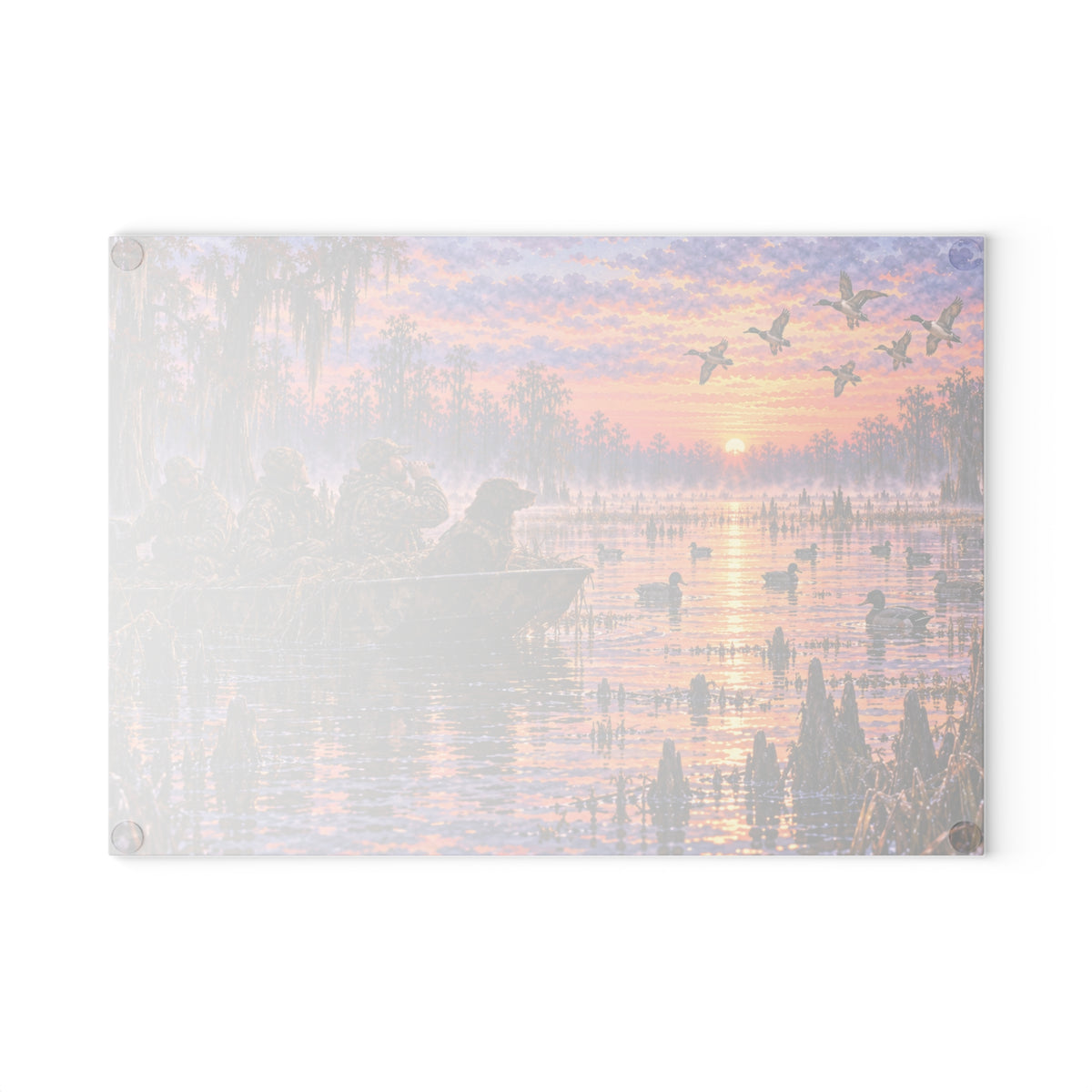 Glass Cutting Board — Sunrise Duck Hunt Scene | Rustic Wildlife Kitchen Decor
