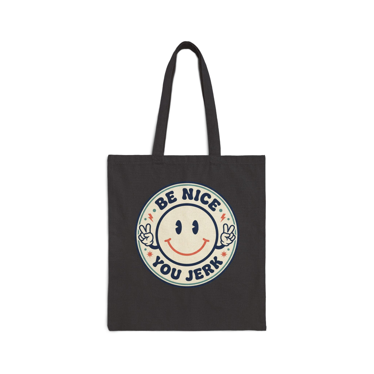 Be Nice You Jerk smiley tote, Canvas Tote Bag | retro smile face slogan