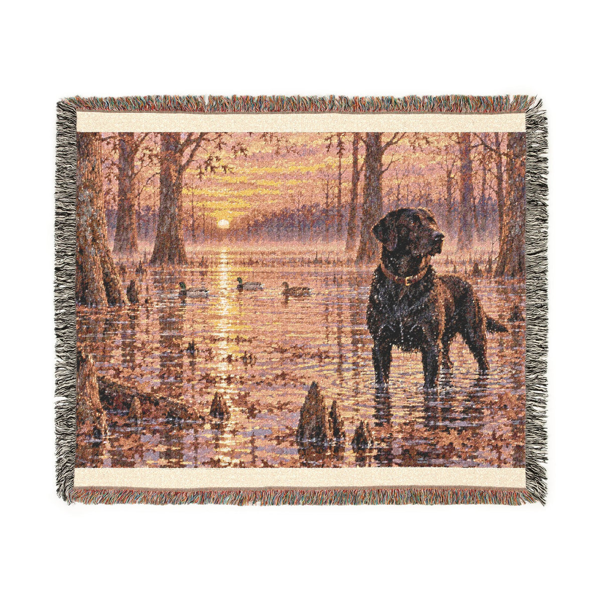 Labrador at Sunset Woven Blanket — Rustic Dog Lake Tapestry Throw
