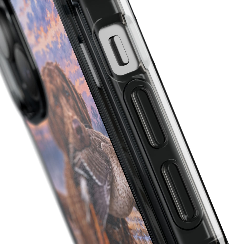 Clear Magnetic Phone Case — Chocolate Lab with Duck in swamp