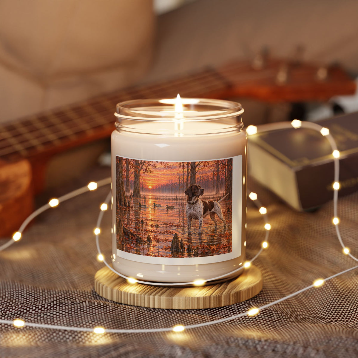 Autumn Duck Hunt Soy Candle — 9oz Scented Jar with Pointer Dog Lakeside Scene