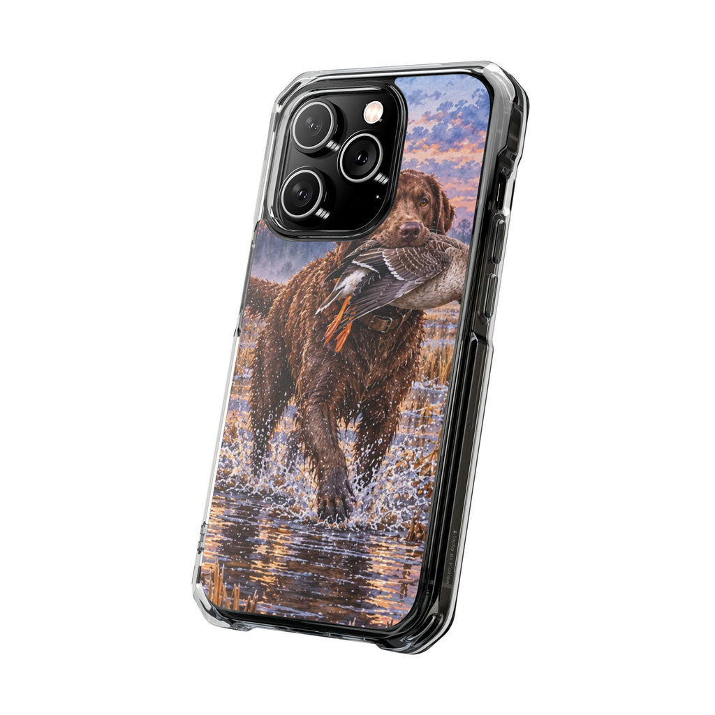Clear Magnetic Phone Case — Chocolate Lab with Duck in swamp